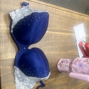 Victoria's Secret Blue and White Lace Bra with Rhinestone Accents
